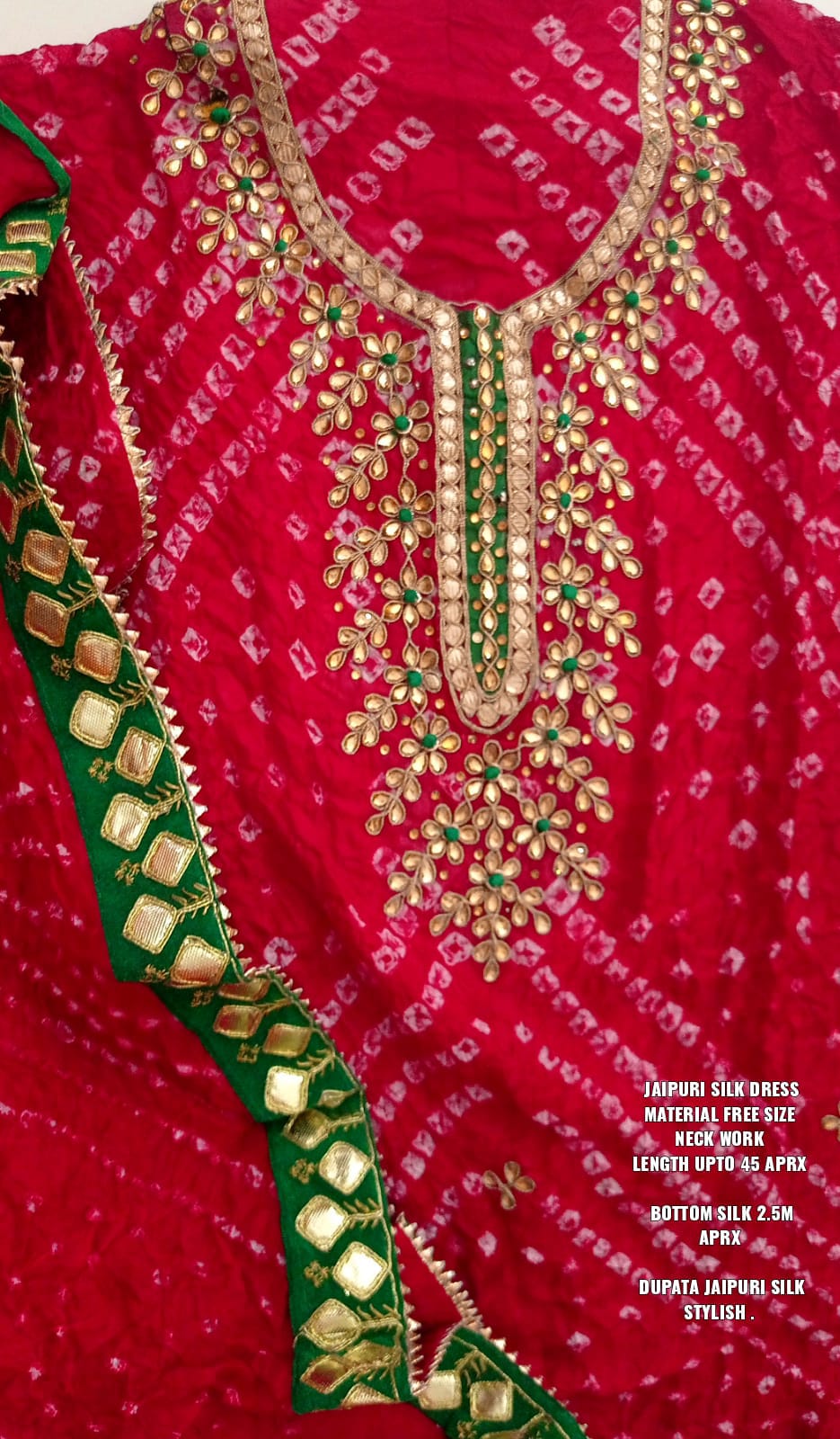 Bandhej Silk Jaipuri-Suit Material with Hand Gota Patti Work & Gotta-Border Dupatta - KANHASAREE