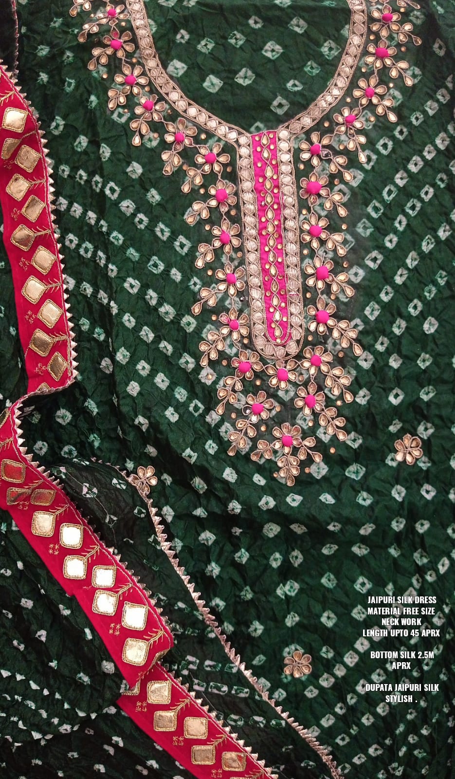 Bandhej Silk Jaipuri-Suit Material with Hand Gota Patti Work & Gotta-Border Dupatta - KANHASAREE