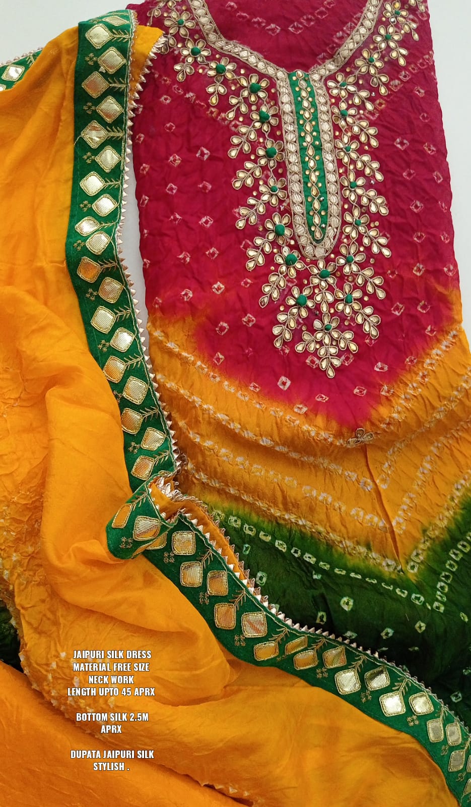 Bandhej Silk Jaipuri-Suit Material with Hand Gota Patti Work & Gotta-Border Dupatta - KANHASAREE