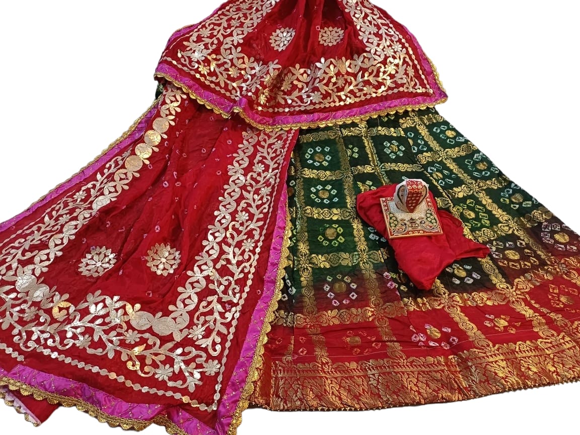 Banarasi Gharchola jaipuri Silk Bandhani Lehenga Choli with Heavy Gota Patti Work - KANHASAREE