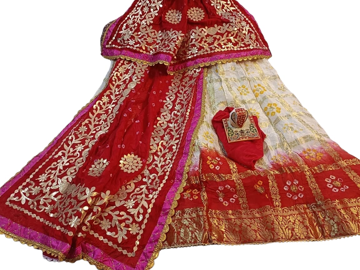 Banarasi Gharchola jaipuri Silk Bandhani Lehenga Choli with Heavy Gota Patti Work - KANHASAREE