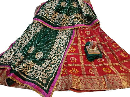 Banarasi Gharchola jaipuri Silk Bandhani Lehenga Choli with Heavy Gota Patti Work - KANHASAREE