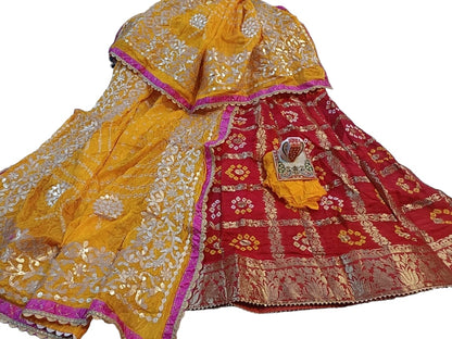 Banarasi Gharchola jaipuri Silk Bandhani Lehenga Choli with Heavy Gota Patti Work - KANHASAREE