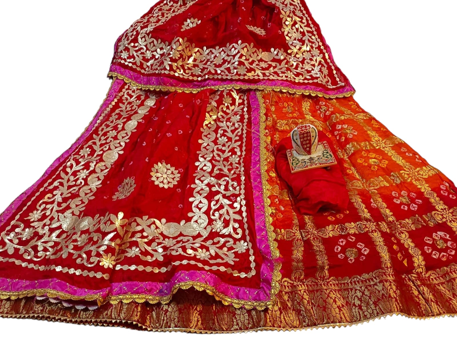 Banarasi Gharchola jaipuri Silk Bandhani Lehenga Choli with Heavy Gota Patti Work - KANHASAREE