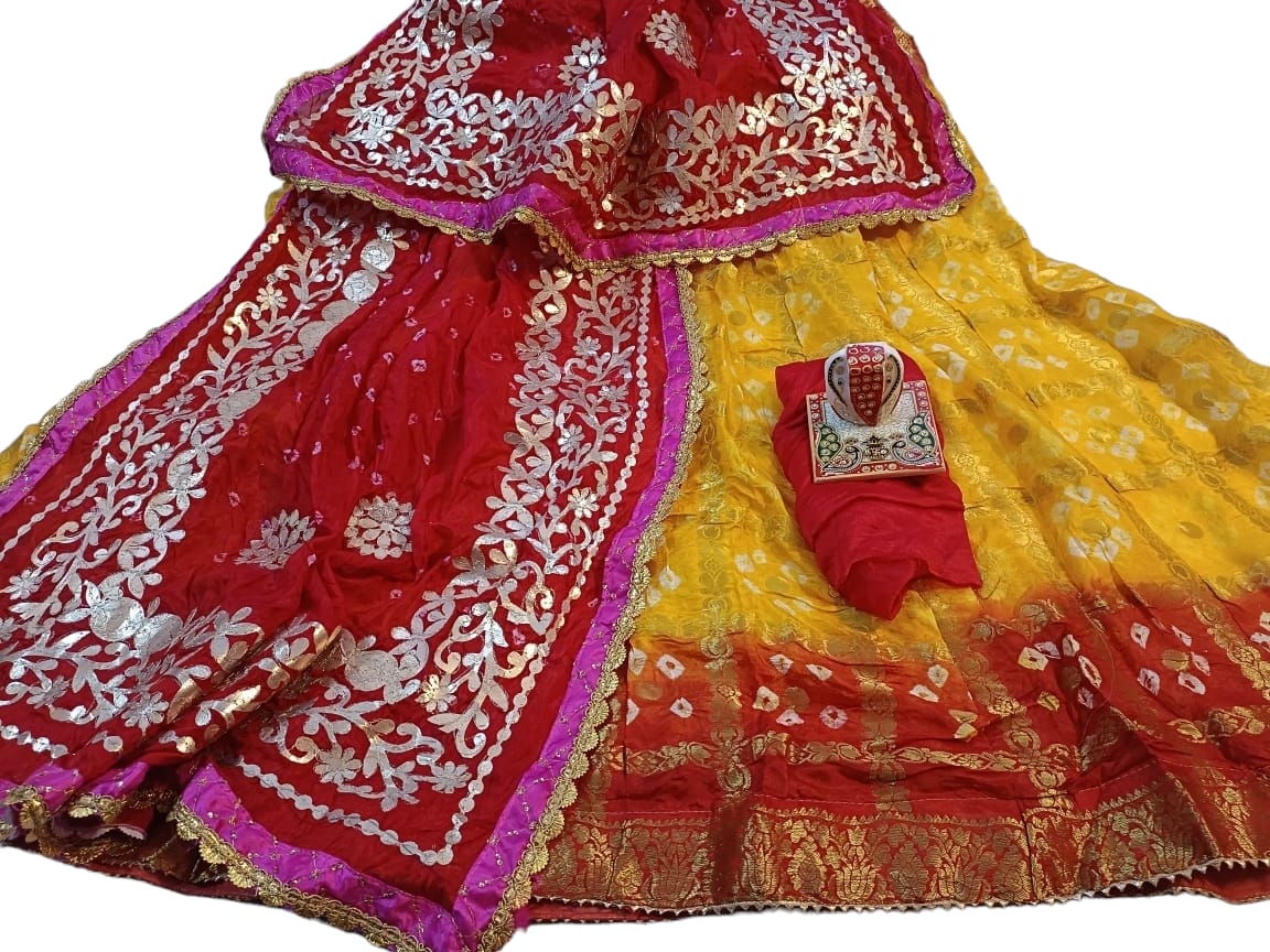 Banarasi Gharchola jaipuri Silk Bandhani Lehenga Choli with Heavy Gota Patti Work - KANHASAREE