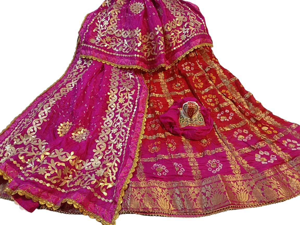 Banarasi Gharchola jaipuri Silk Bandhani Lehenga Choli with Heavy Gota Patti Work - KANHASAREE