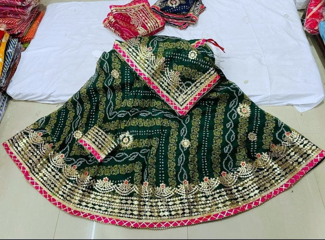 Rajasthani Bandhej Lehenga Chunni Set - Full Stitched with Heavy Gotta Patti Work