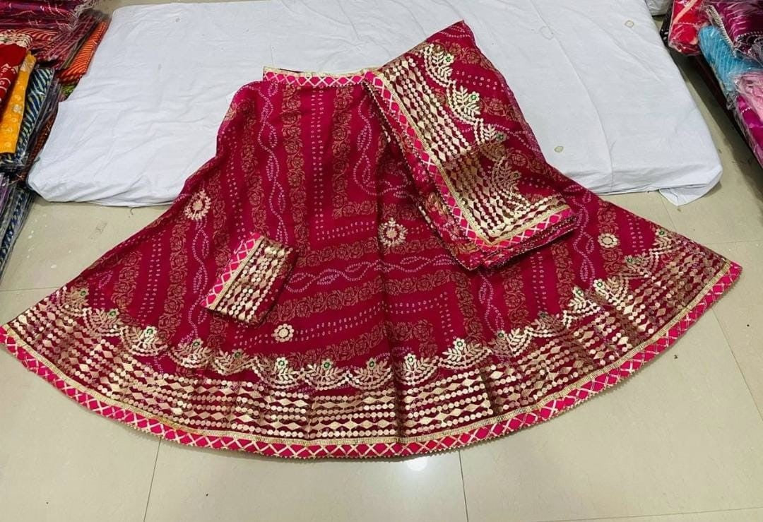 Rajasthani Bandhej Lehenga Chunni Set - Full Stitched with Heavy Gotta Patti Work