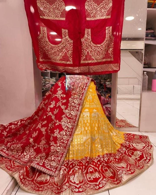 Pure Dola Silk Lehenga Set with Jari Work, Jaipuri Dola Silk Dupatta, and Heavy Banarasi Blouse