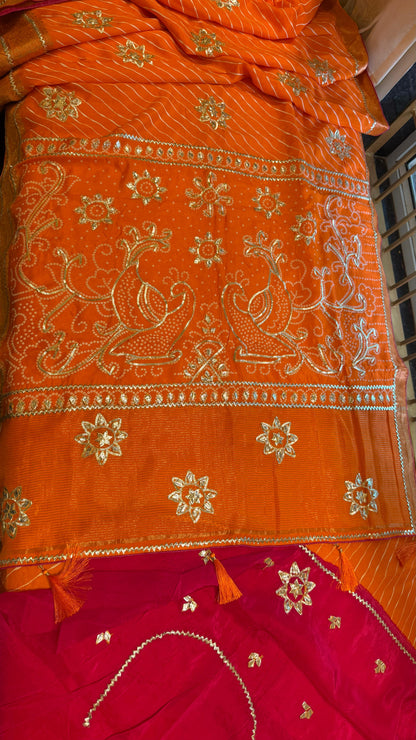 Designer Uppada Silk Saree with Jari Peacock Bandhej Lahriya Pallu & Gota Work