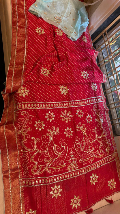 Designer Uppada Silk Saree with Jari Peacock Bandhej Lahriya Pallu & Gota Work