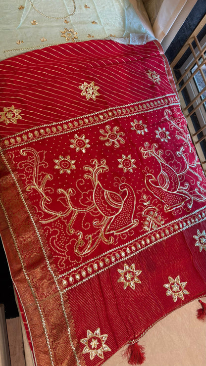 Designer Uppada Silk Saree with Jari Peacock Bandhej Lahriya Pallu & Gota Work