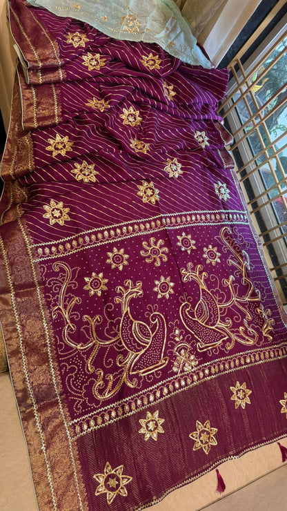 Designer Uppada Silk Saree with Jari Peacock Bandhej Lahriya Pallu & Gota Work