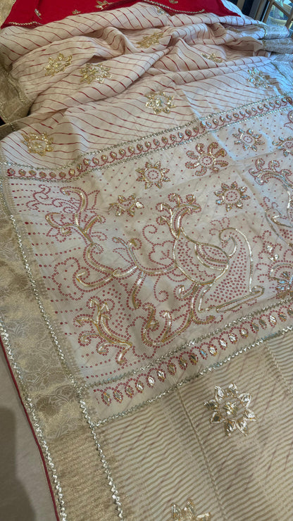 Designer Uppada Silk Saree with Jari Peacock Bandhej Lahriya Pallu & Gota Work