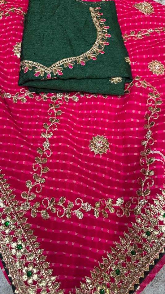 Red Lahariya Georgette Saree with Heavy Gota Patti & Green Contrast Blouse