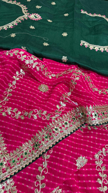 Red Lahariya Georgette Saree with Heavy Gota Patti & Green Contrast Blouse