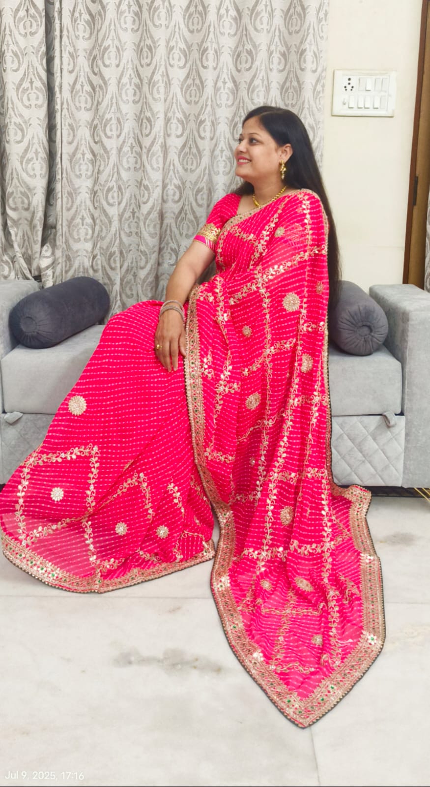 Red Lahariya Georgette Saree with Heavy Gota Patti & Green Contrast Blouse