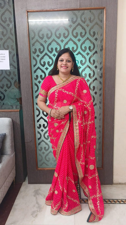Red Lahariya Georgette Saree with Heavy Gota Patti & Green Contrast Blouse