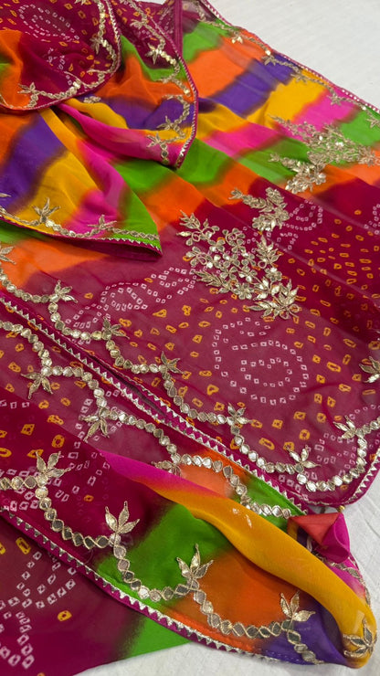 Multi-Color Lahariya Georgette Saree with Hand Gota Patti Work & Bon Bijiya Detailing