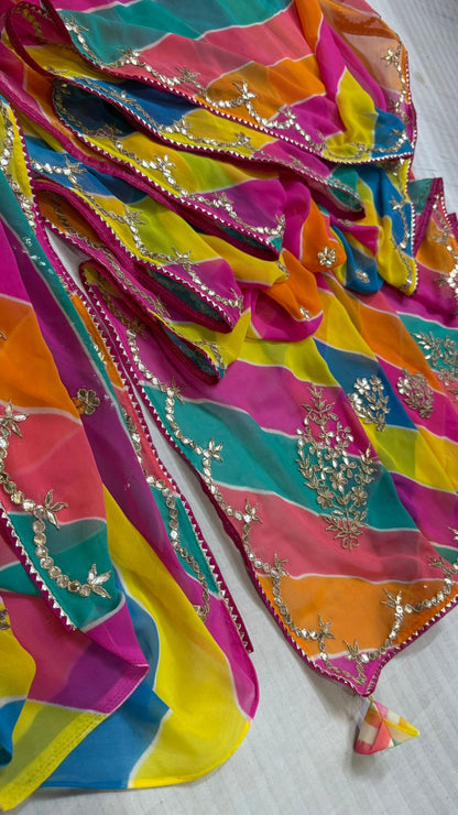 Multi-Color Lahariya Georgette Saree with Hand Gota Patti Work & Bon Bijiya Detailing