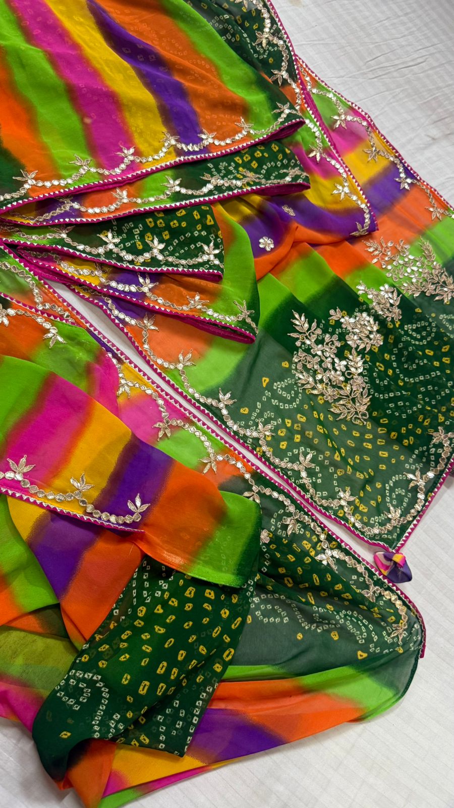 Multi-Color Lahariya Georgette Saree with Hand Gota Patti Work & Bon Bijiya Detailing