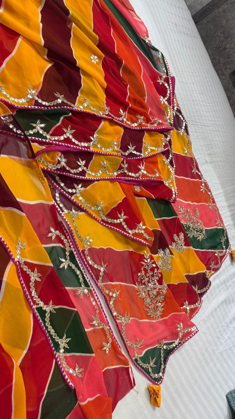 Multi-Color Lahariya Georgette Saree with Hand Gota Patti Work & Bon Bijiya Detailing