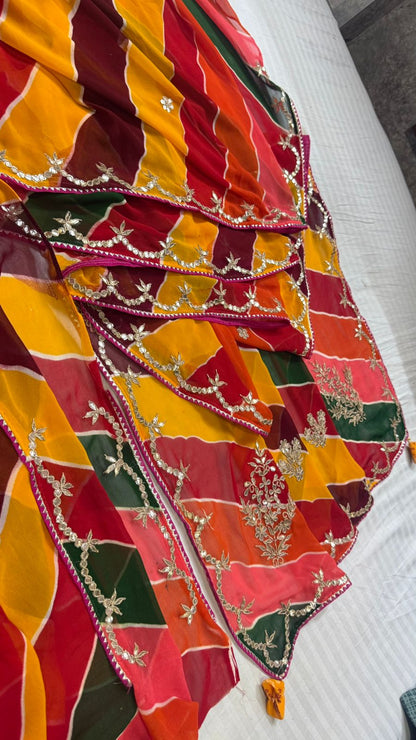 Multi-Color Lahariya Georgette Saree with Hand Gota Patti Work & Bon Bijiya Detailing