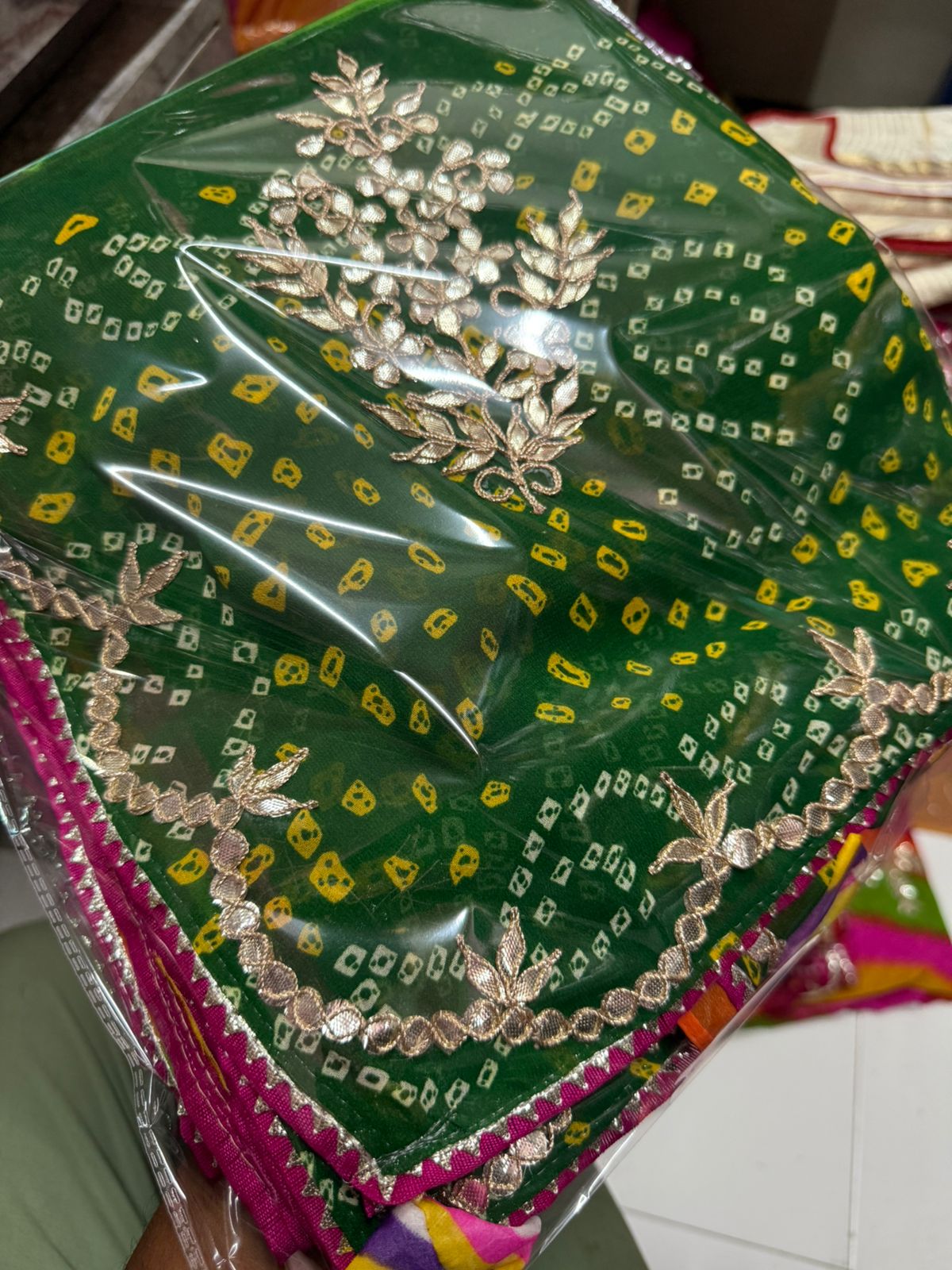 Multi-Color Lahariya Georgette Saree with Hand Gota Patti Work & Bon Bijiya Detailing