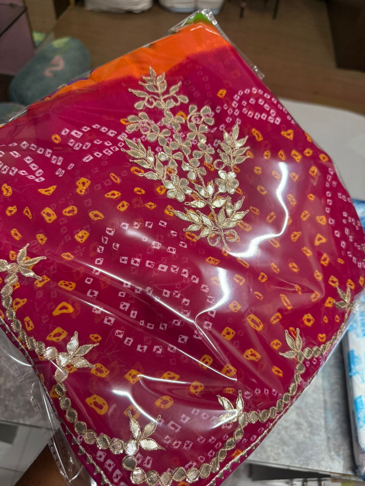 Multi-Color Lahariya Georgette Saree with Hand Gota Patti Work & Bon Bijiya Detailing