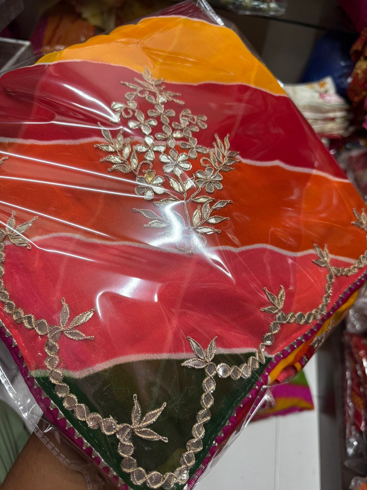 Multi-Color Lahariya Georgette Saree with Hand Gota Patti Work & Bon Bijiya Detailing