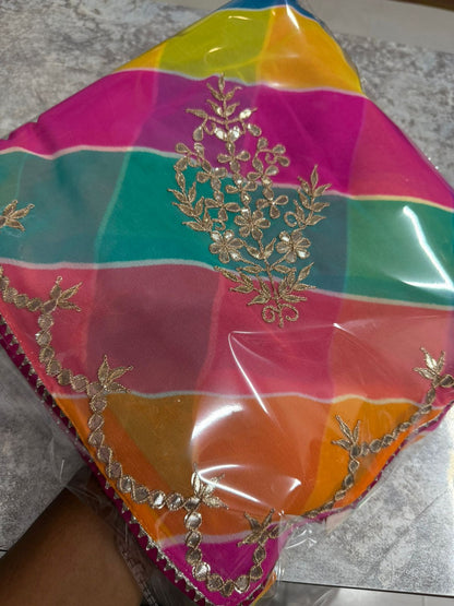 Multi-Color Lahariya Georgette Saree with Hand Gota Patti Work & Bon Bijiya Detailing