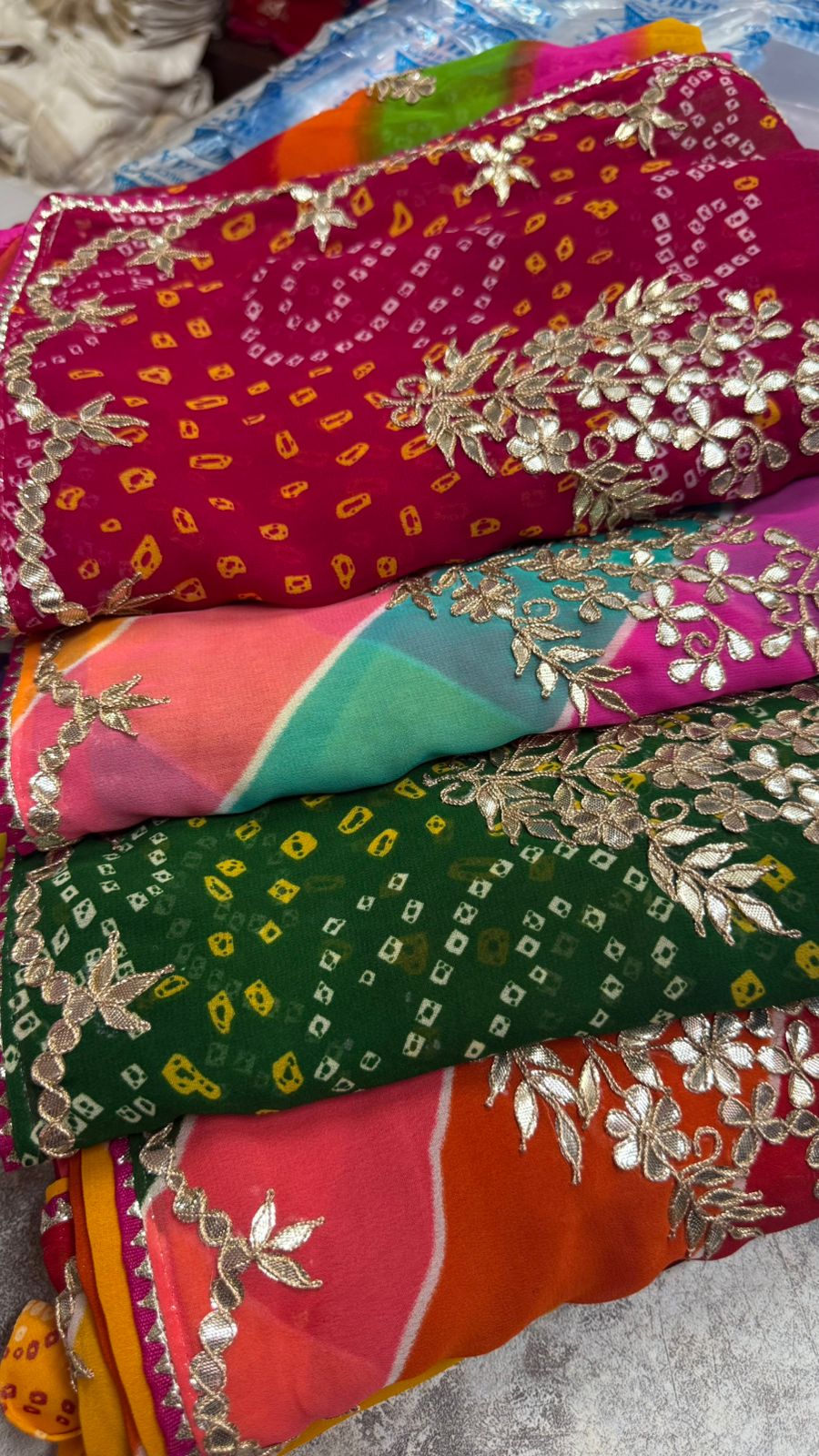 Multi-Color Lahariya Georgette Saree with Hand Gota Patti Work & Bon Bijiya Detailing