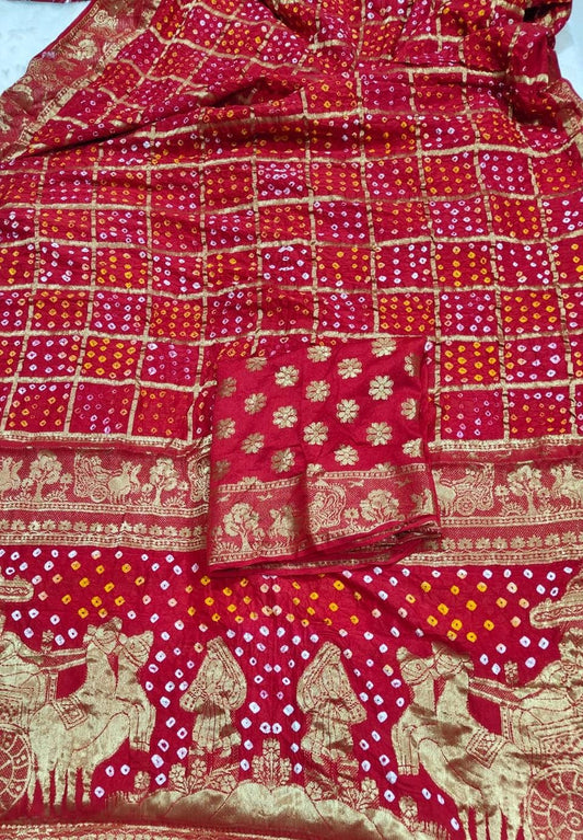 Pure Moonga Silk Bandhej Saree with Traditional Zari Border & Pallu