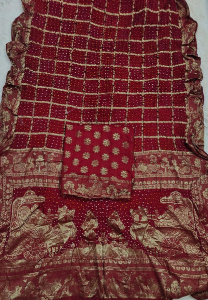 Pure Moonga Silk Bandhej Saree with Traditional Zari Border & Pallu