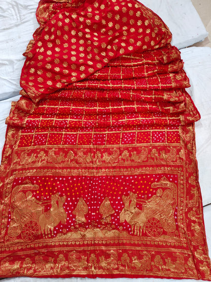 Pure Moonga Silk Bandhej Saree with Traditional Zari Border & Pallu