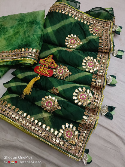 Elegant Pure Organza Lahariya Saree with Heavy Gota Patti Border & Contrast Blouse