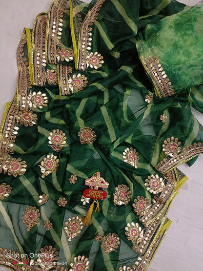Elegant Pure Organza Lahariya Saree with Heavy Gota Patti Border & Contrast Blouse