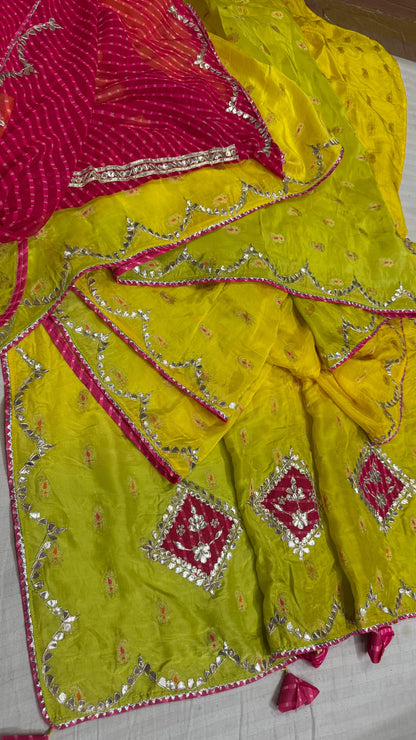 Handcrafted Meena Gota Patti Saree in Pure Crepe Silk with Designer Pallu and Contrast Blouse