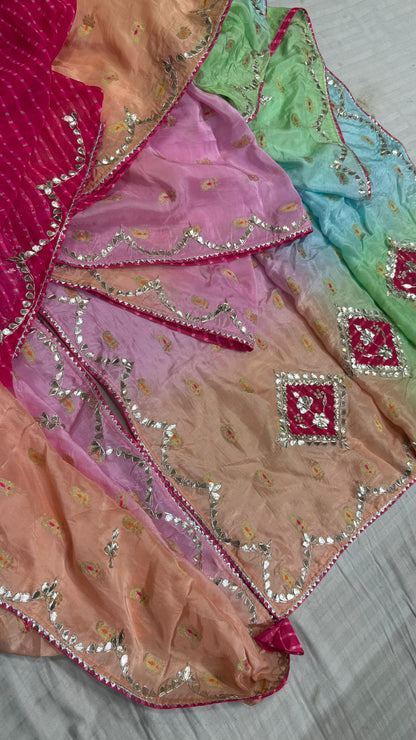 Handcrafted Meena Gota Patti Saree in Pure Crepe Silk with Designer Pallu and Contrast Blouse