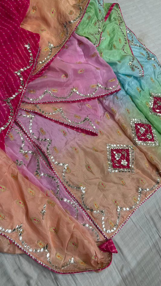 Handcrafted Meena Gota Patti Saree in Pure Crepe Silk with Designer Pallu and Contrast Blouse