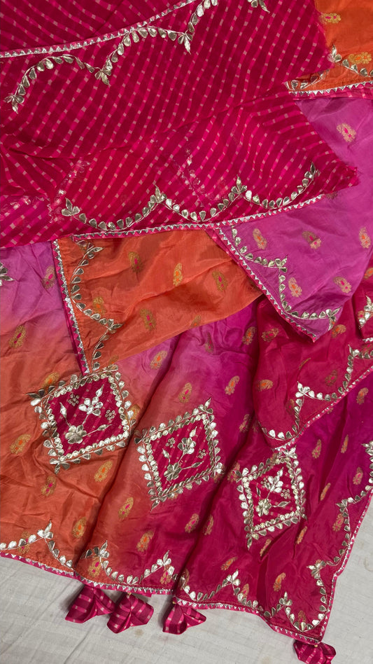 Handcrafted Meena Gota Patti Saree in Pure Crepe Silk with Designer Pallu and Contrast Blouse - Kanhasarees by ksds