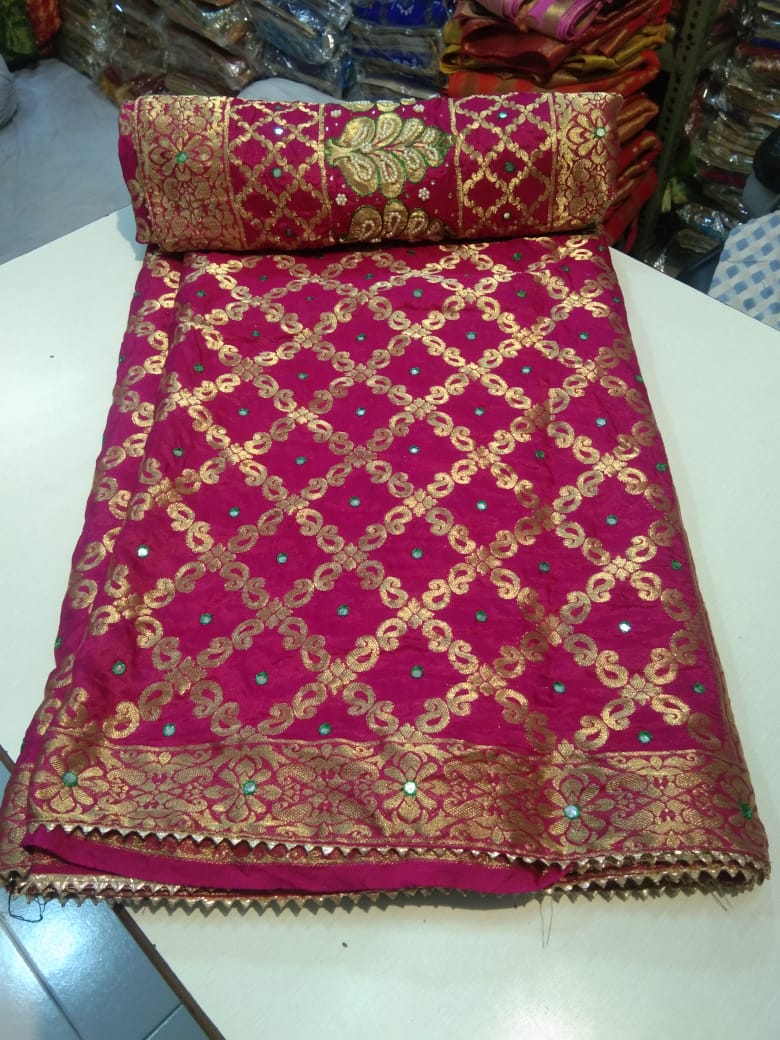 Ghadchola Banarasi Silk Saree with Heavy Zari Weaving, Mirror Work & Running Blouse