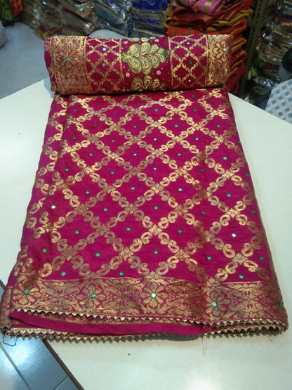 Ghadchola Banarasi Silk Saree with Heavy Zari Weaving, Mirror Work & Running Blouse