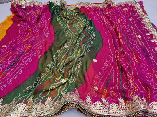 Pachrangi Gota Patti Saree in Georgette Moss Fabric with Handwork Border & Blouse - Kanhasarees by ksds