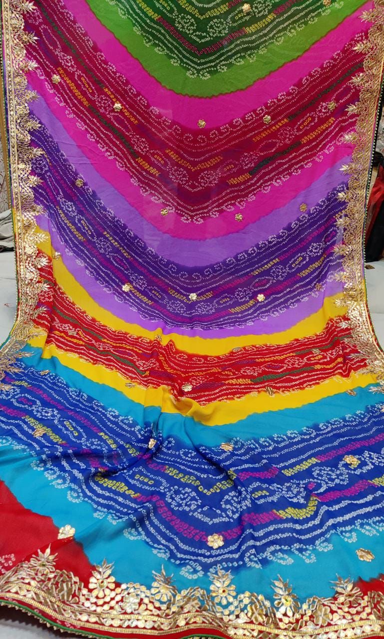 Pachrangi Gota Patti Saree in Georgette Moss Fabric with Handwork Border & Blouse