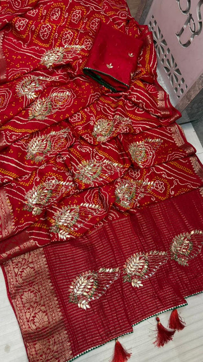 Pure Monga Silk Bandhej Saree with Golden Zari Weaving & Dabka Jardozi Buta | Designer Look