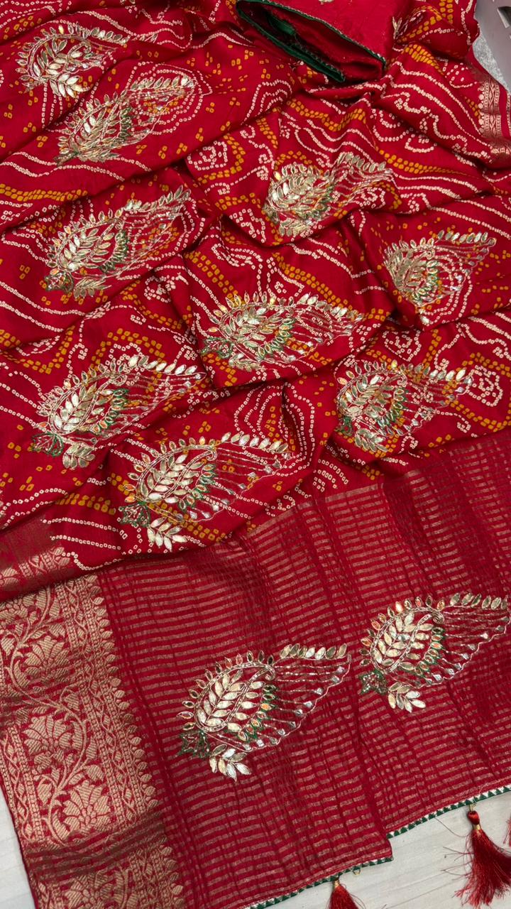 Pure Monga Silk Bandhej Saree with Golden Zari Weaving & Dabka Jardozi Buta | Designer Look