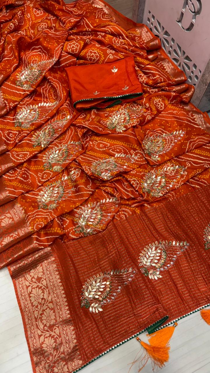 Pure Monga Silk Bandhej Saree with Golden Zari Weaving & Dabka Jardozi Buta | Designer Look