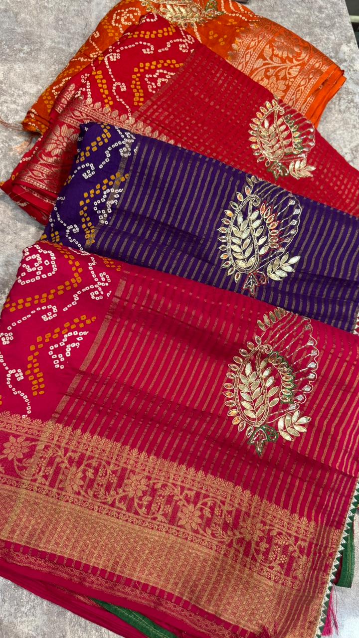 Pure Monga Silk Bandhej Saree with Golden Zari Weaving & Dabka Jardozi Buta | Designer Look