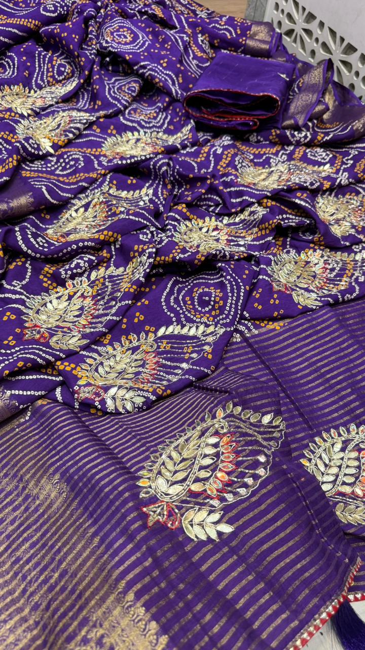 Pure Monga Silk Bandhej Saree with Golden Zari Weaving & Dabka Jardozi Buta | Designer Look